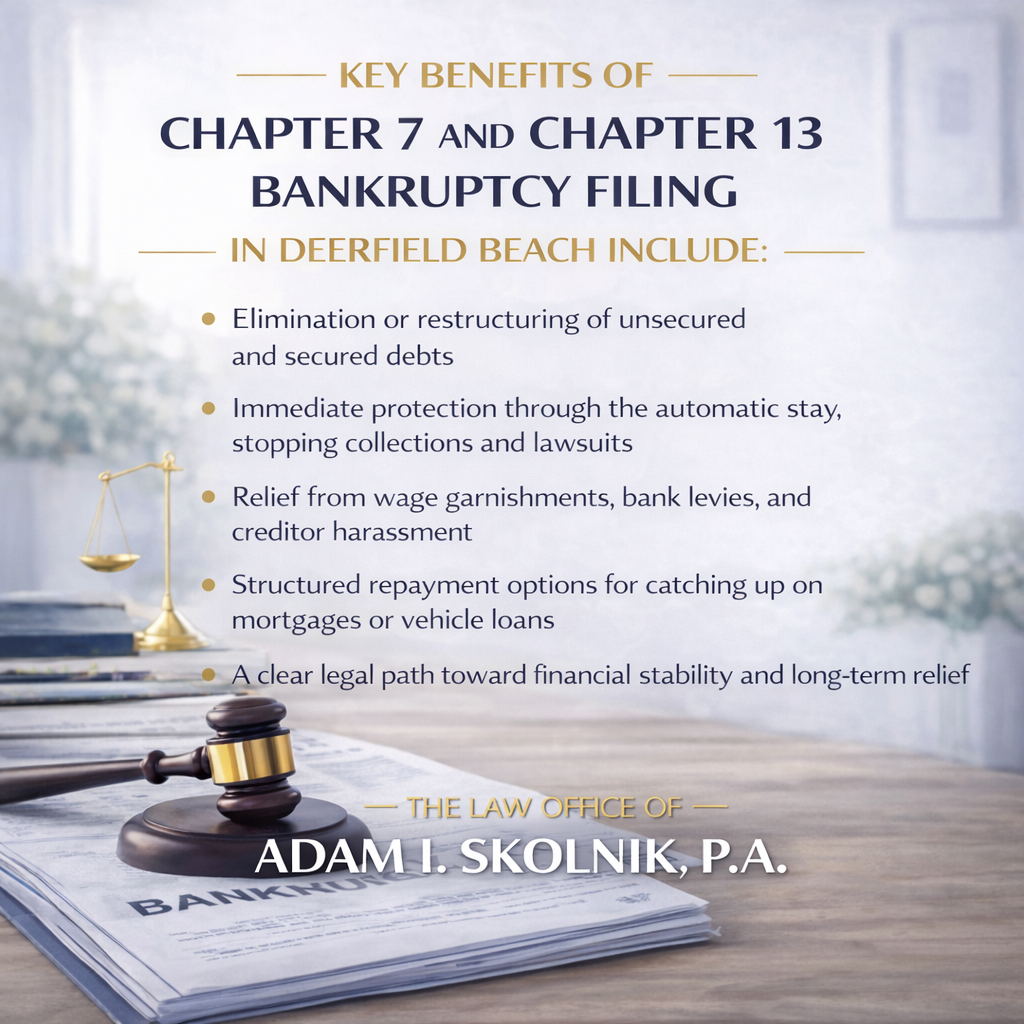 Key benefits of Chapter 7 and Chapter 13 bankruptcy filing in Deerfield Beach by Adam I. Skolnik, P.A.